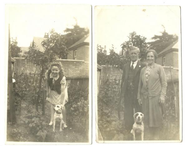 Margaret + Mr and Mrs Chalkley with dog at the Hollies 1943