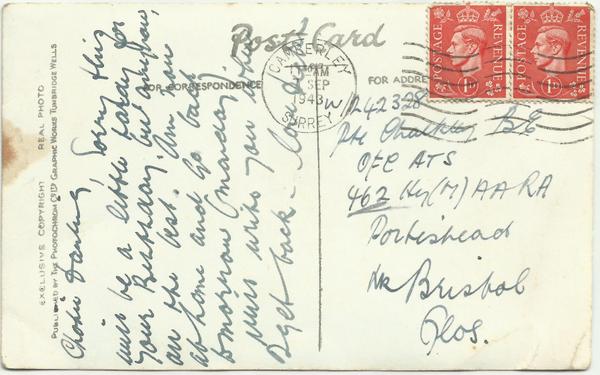 Pagham postcard reverse Sept 43