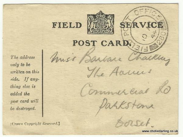 Field Service postcard sent 8th Aug 1944 front 001 Field Service postcard sent 8th Aug 1944 front 001
