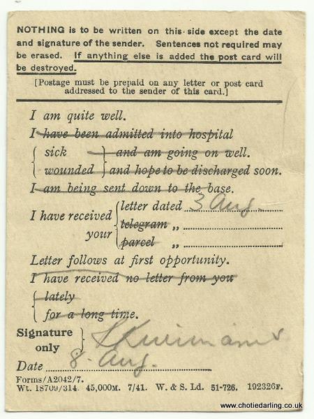 Field Service Postcard back 8th Aug 1944 001 Field Service Postcard back 8th Aug 1944 001