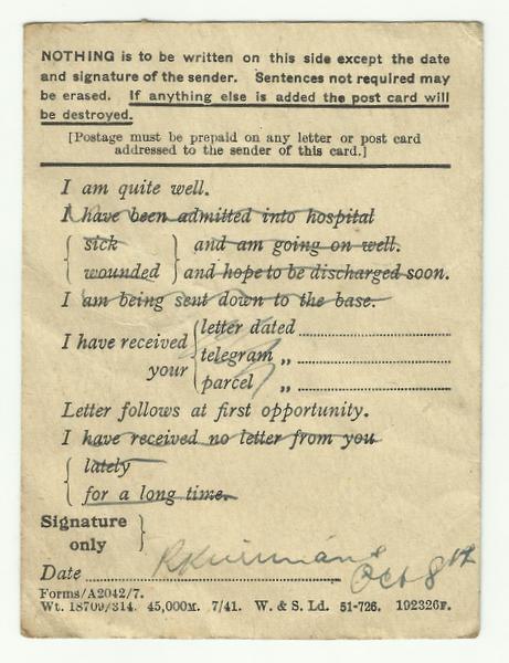 8th Oct 44 Field Service Postcard back