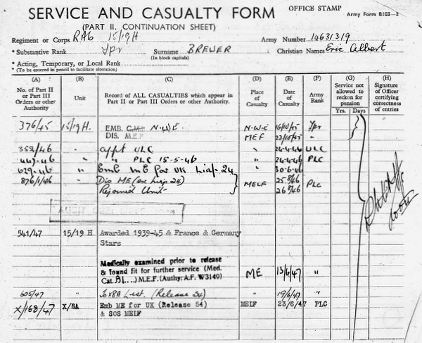 Eric Brewer army record 1945 to 47 Eric Brewer army record 1945 to 47